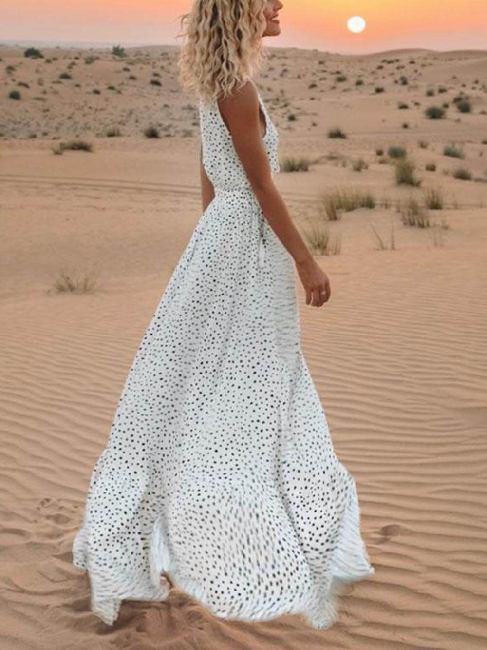 Bohemian V-Neck Sleeveless Charming Polka-Dot Maxi Skirt