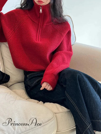 100% Cashmere Semi-TurtleNeck Loose Thick Red Knit Christmas Sweater