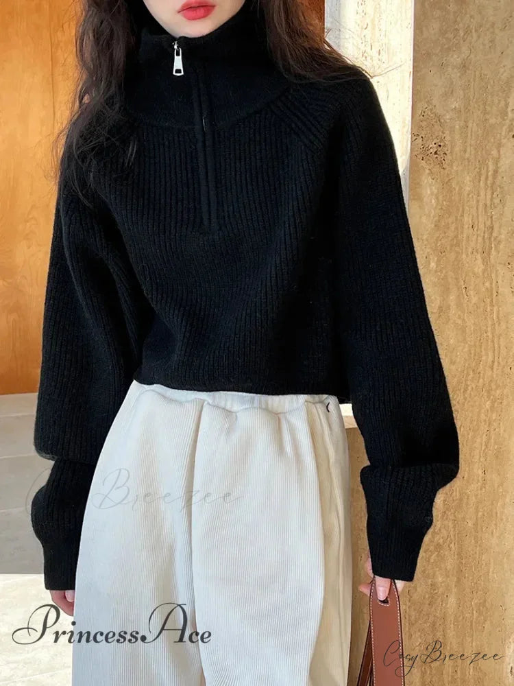100% Cashmere Semi-TurtleNeck Loose Thick Red Knit Christmas Sweater Black / S