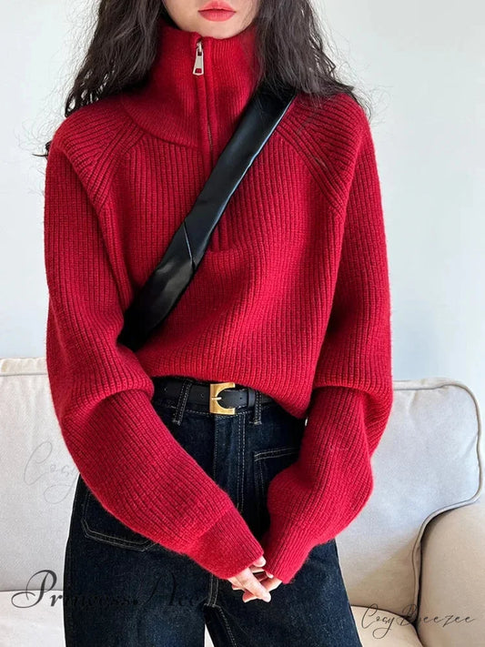 100% Cashmere Semi-TurtleNeck Loose Thick Red Knit Christmas Sweater Red / S
