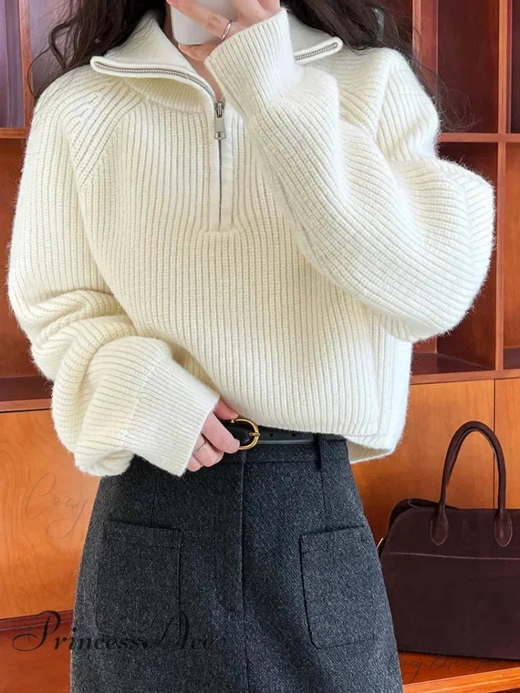 100% Cashmere Semi-TurtleNeck Loose Thick Red Knit Christmas Sweater White / S