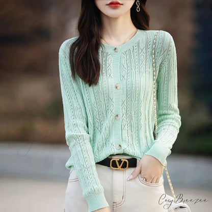 100% Cotton Slim O-Neck Knitted Cardigan Mint / S cardiagn-250126