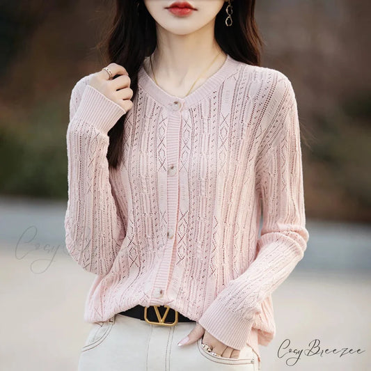 100% Cotton Slim O-Neck Knitted Cardigan Pink / S cardiagn-250126