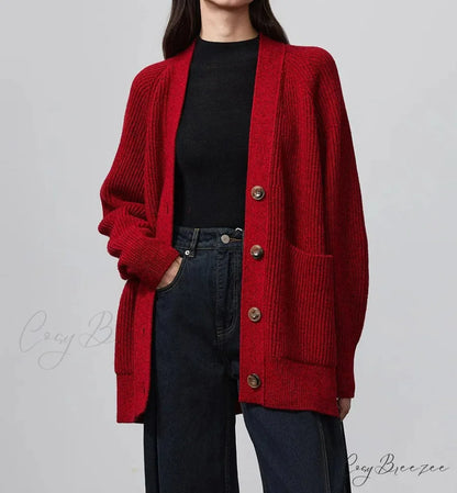 100% Merino Wool V-Neck Thicken Cardigan