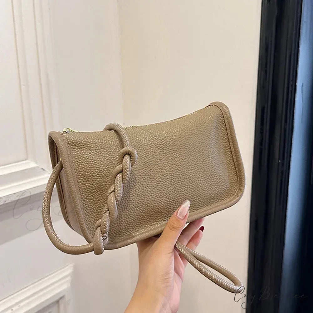 100% Real Cowhide Leather Crossbody Bag Khaki / 22x8x14cm shoulder-250126