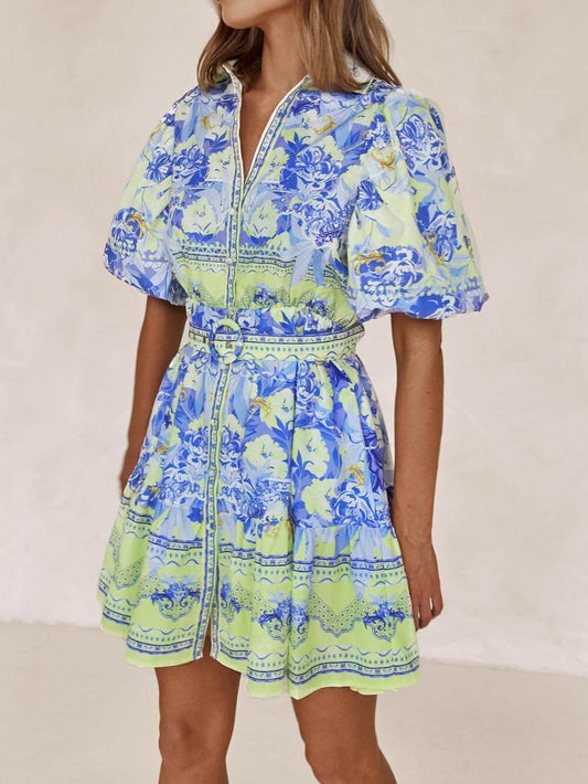 Cosybreezee - Charming Floral Print Mini Dress in Blue and Yellow