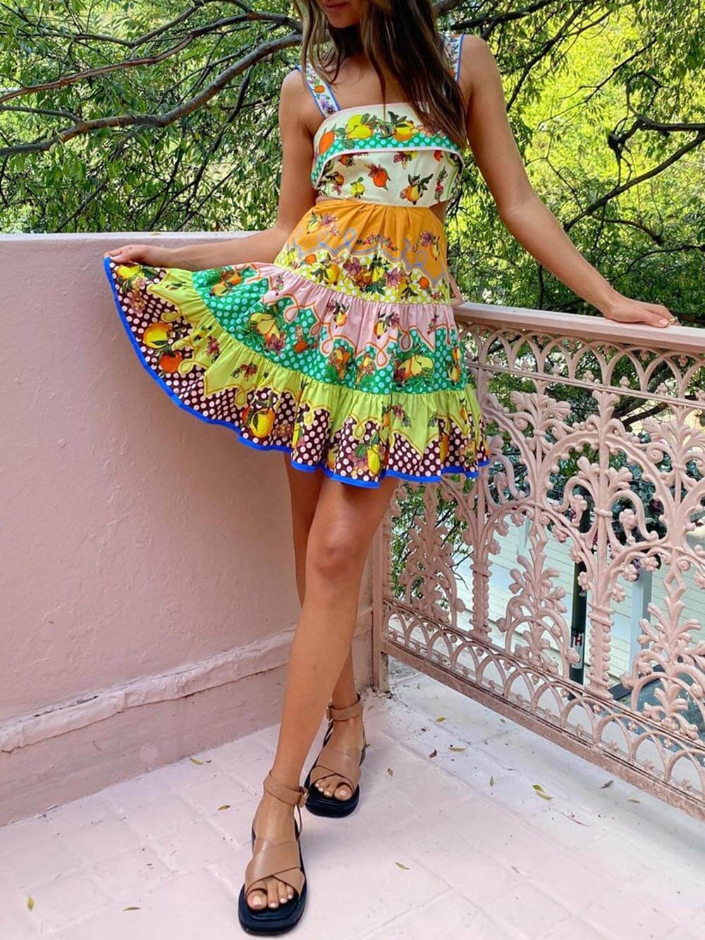 Summer MulticolorLemon Preated Charming Hem Mini Dress