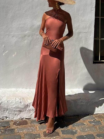 Cosybreezee - Charming Halterneck Strapless Irregular Dress with Ring Detail