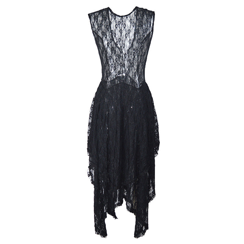 Asymmetrical Layered Lace Long Dress with Backless Design