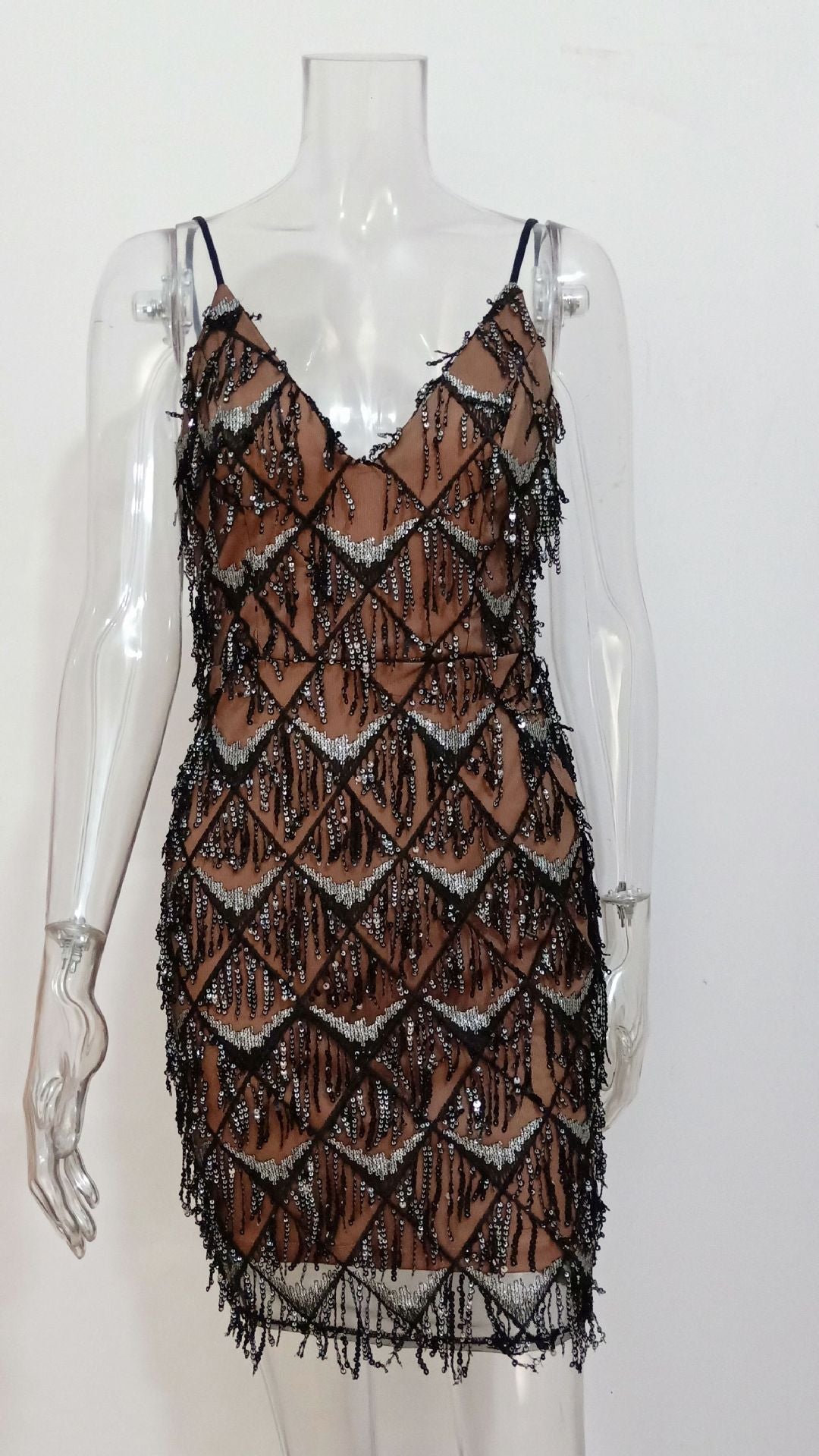 Beige Sequined Cocktail Dress with Delicate Spaghetti Straps