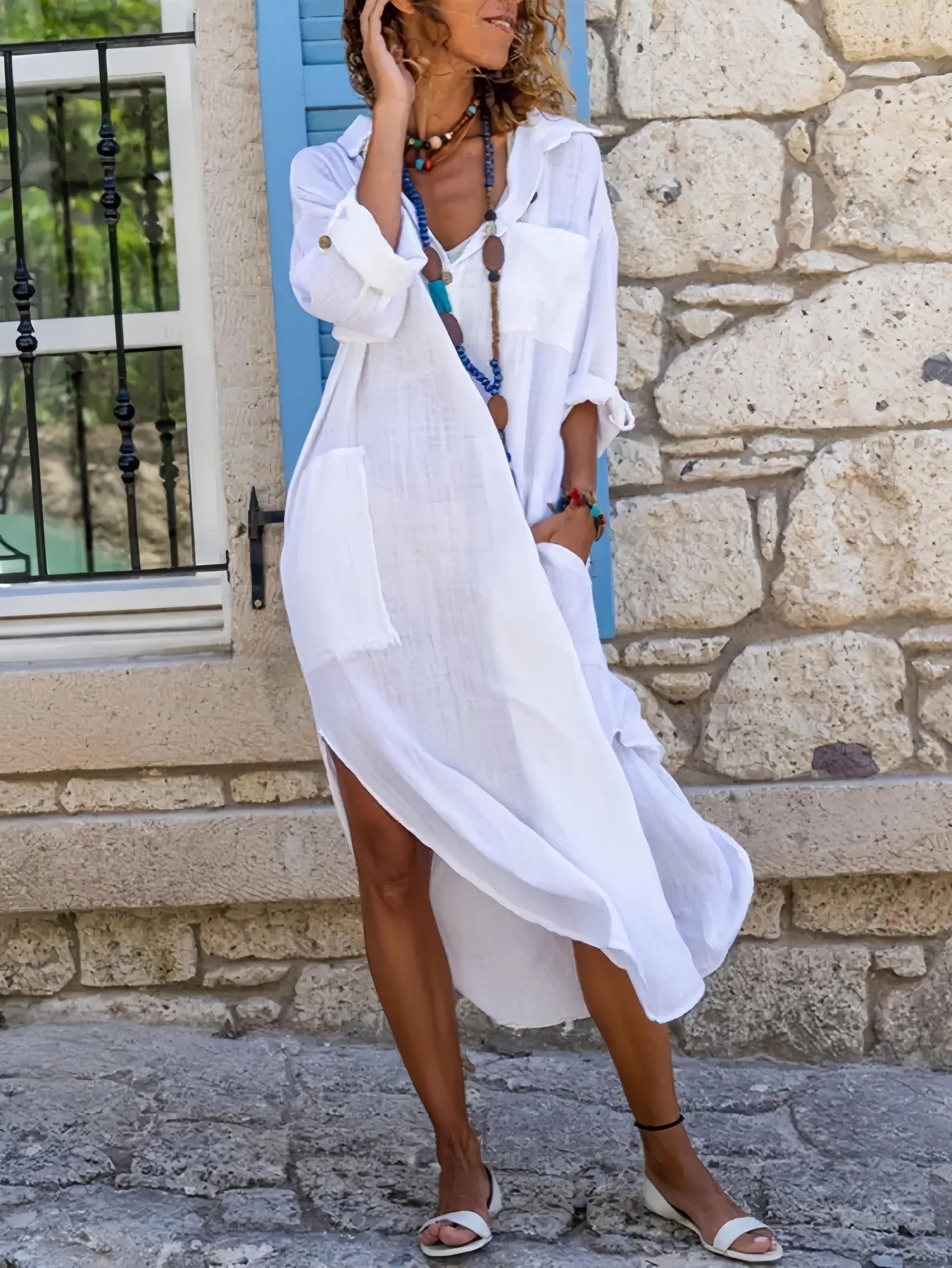 White Summer Beach Long Sleeve Slit Casual Dress