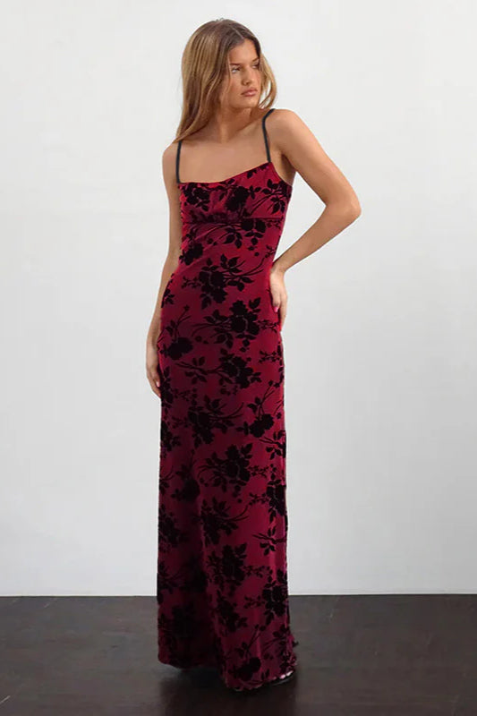 Velvet Flocked Slim Fit Strappy Long Party Dress