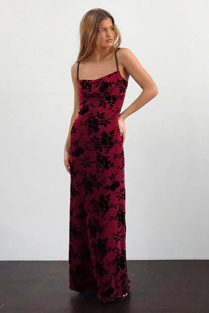 Velvet Flocked Slim Fit Strappy Long Party Dress