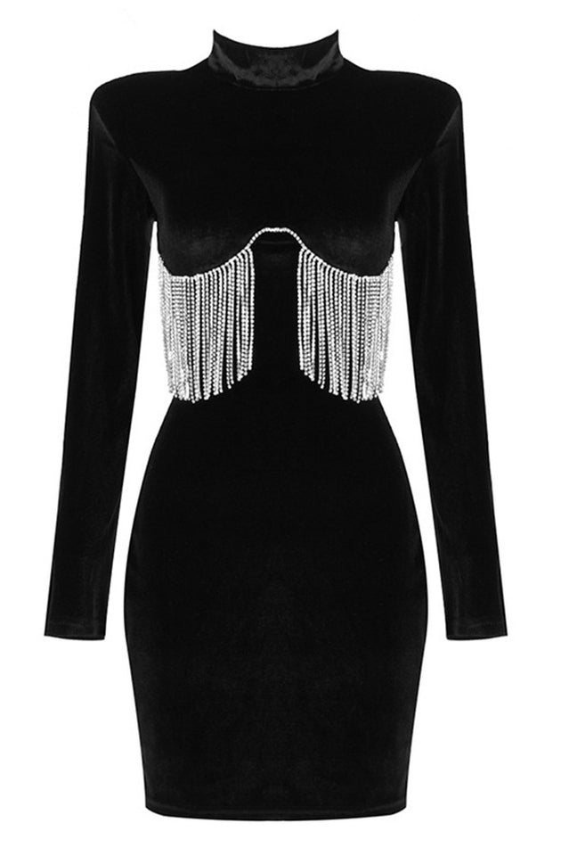 Black Crystal Fringe Charming Velvet Mini Dress