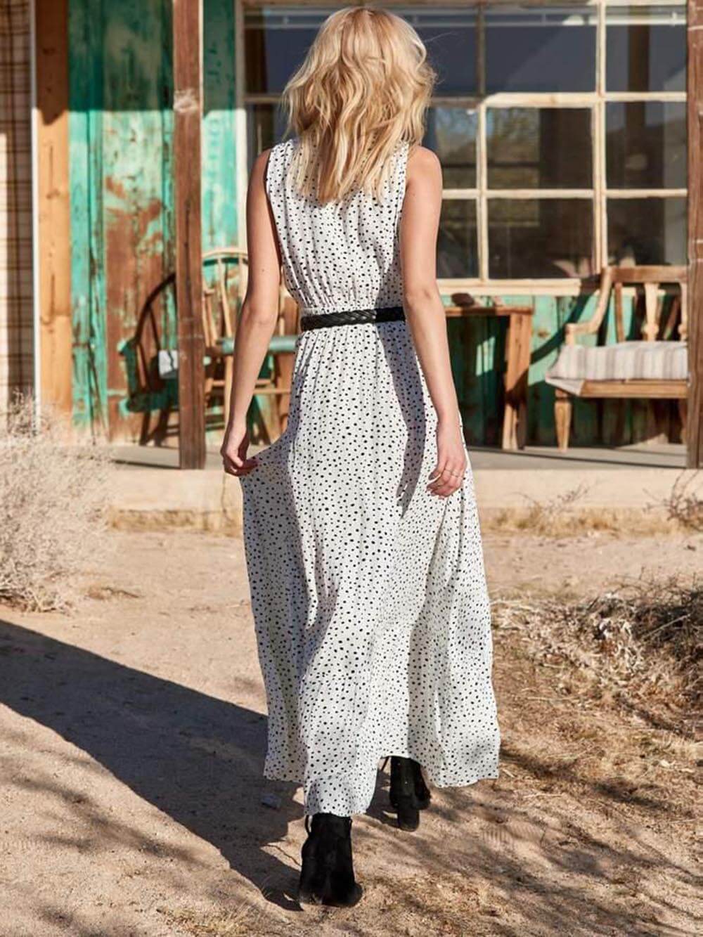 Bohemian V-Neck Sleeveless Charming Polka-Dot Maxi Skirt