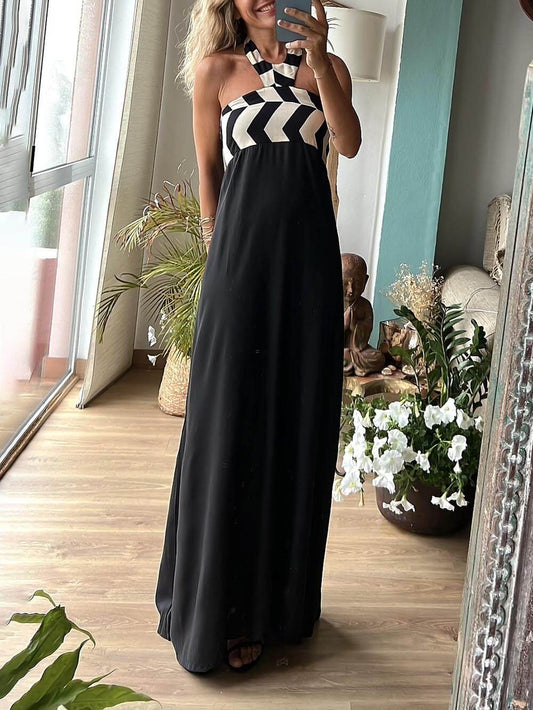 Unique Striped Print Charming Loose Halterneck Maxi Dress