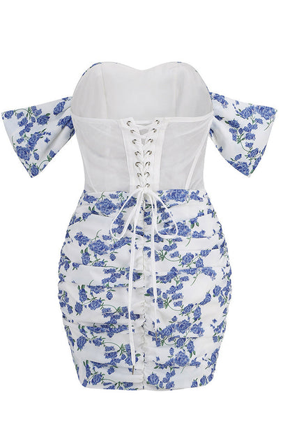 Blue Print Ruched Charming Floral Mini Dress