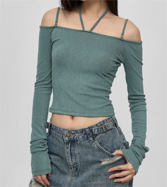 Slim T-Shirt Off-Neck Fit Long Crop Autumn Knitted Two-Tone Arm Top