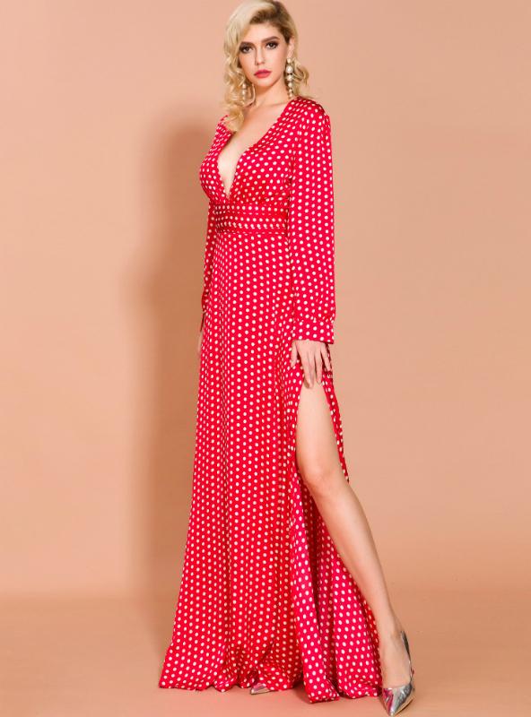 WAVE PRINT V-NECK SPLIT LONG SLEEVE DRESS