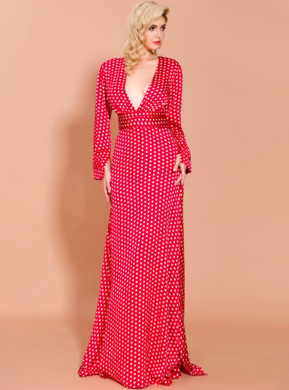 WAVE PRINT V-NECK SPLIT LONG SLEEVE DRESS