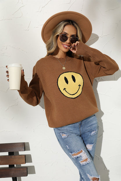 Smily Graphic Round Arm Face Long Neck Sweater