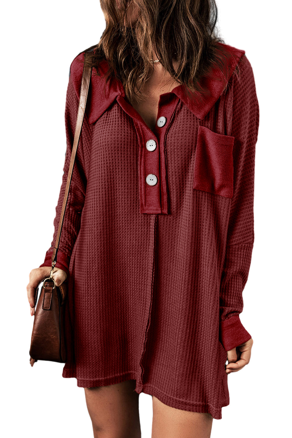 Red Knit Buttoned Waffle Top