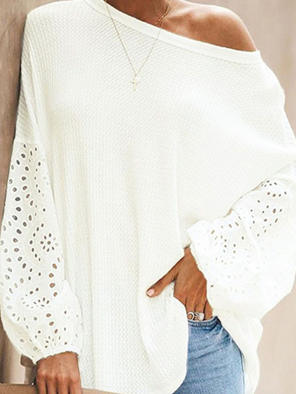 Boat with Openwork Dropped Blouse Neck Shoulders