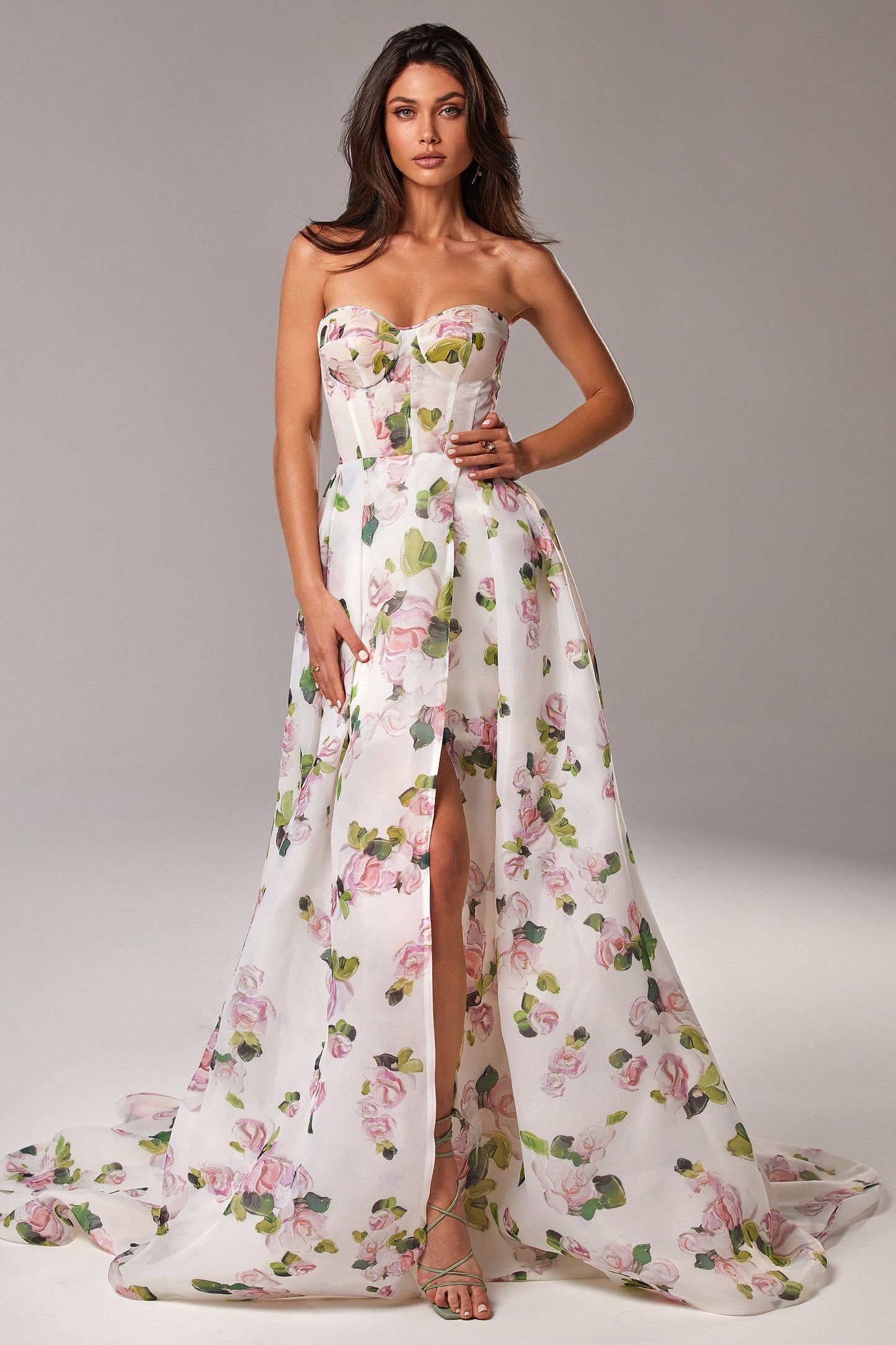 Apple Blossom Strapless Maxi Graceful Dress With Front Slit