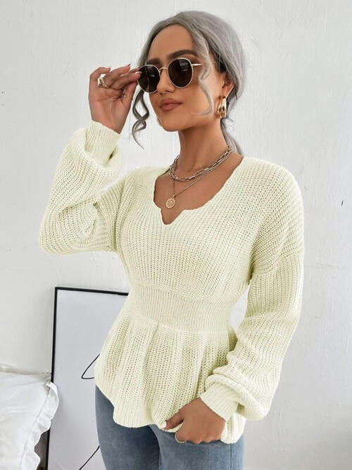 Shoulder Arm Knit Notched Dropped Top with Long Detail