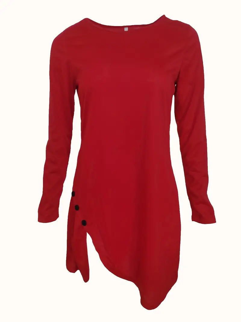 Asymmetrical Hem Button Crew Neck Dress with Long Sleeves