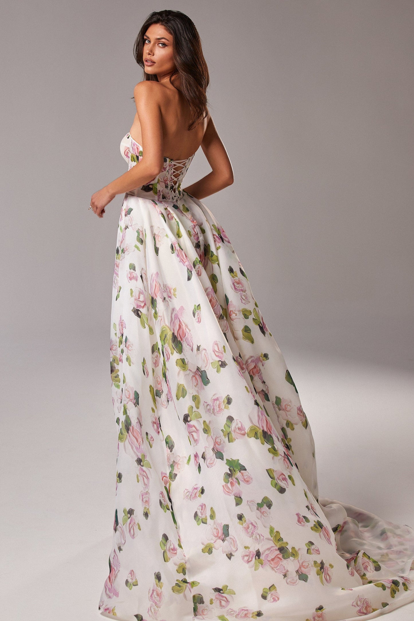 Apple Blossom Strapless Maxi Graceful Dress With Front Slit