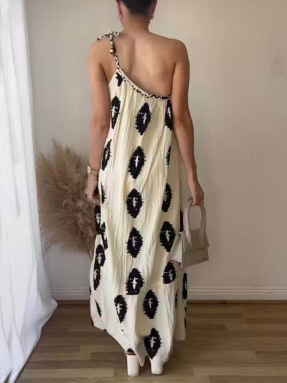 Sunshine Ethnic Print One Graceful Shoulder Loose Maxi Dress