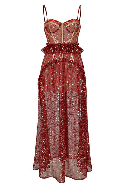 Barrett Sequined Mesh Charming & Lace Maxi Dress