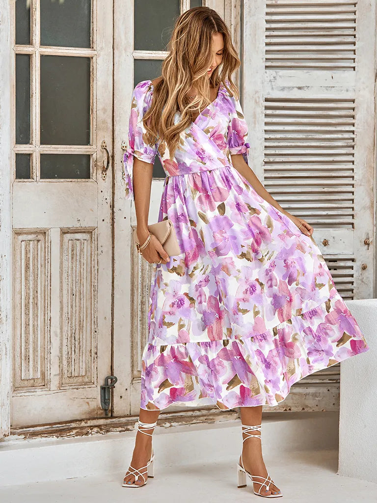 Purple Print Waist Puff Sleeve V-neck Maxi Dress