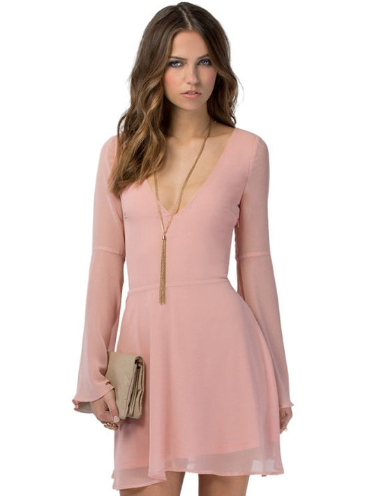 Solid Color Flare Sleeve Chiffon Dress