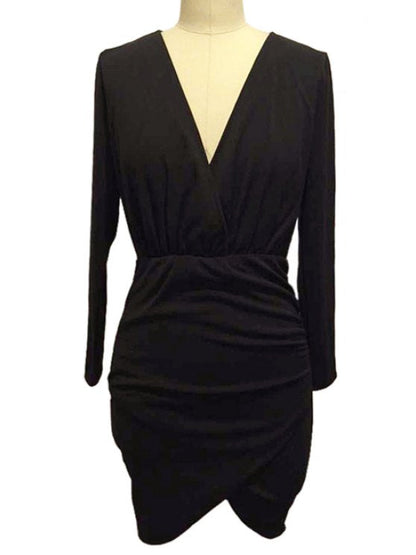 Black Ruched Plunging Neck Dress