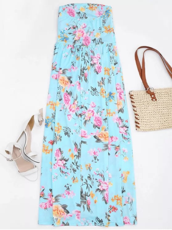 Ruched Floral Maxi Tube Dress With Pocket