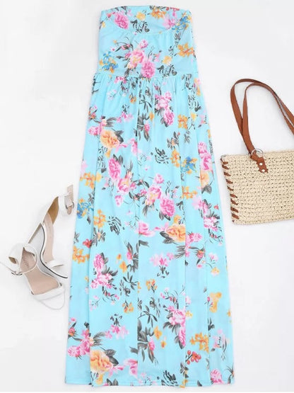 Ruched Floral Maxi Tube Dress With Pocket