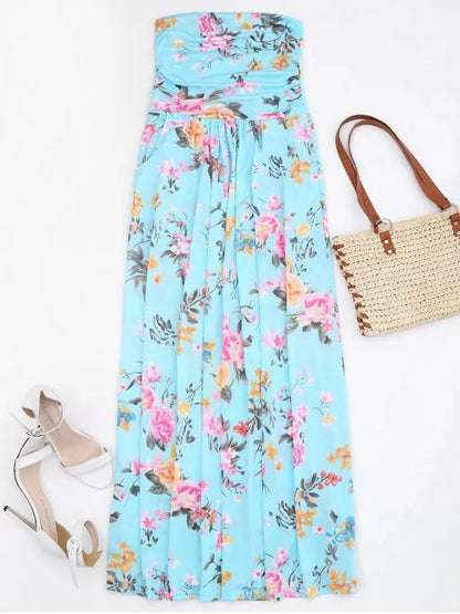 Ruched Floral Maxi Tube Dress With Pocket