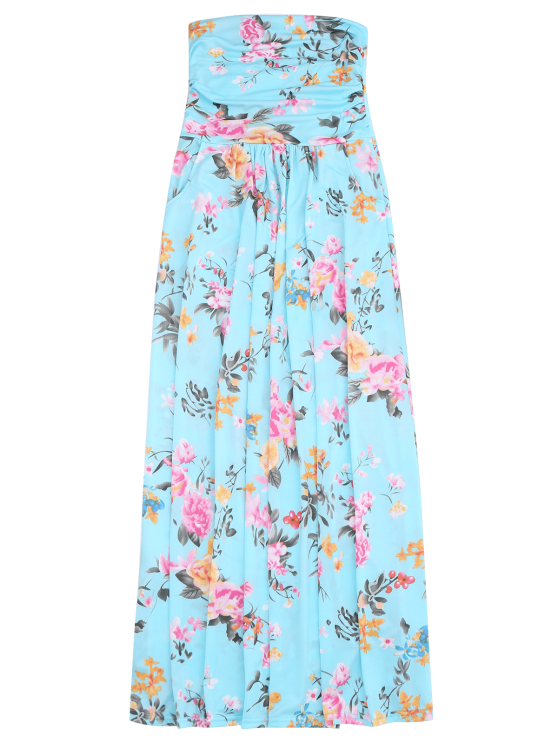 Ruched Floral Maxi Tube Dress With Pocket