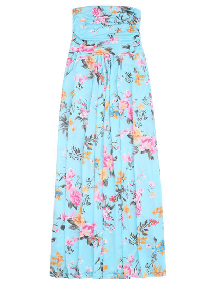 Ruched Floral Maxi Tube Dress With Pocket