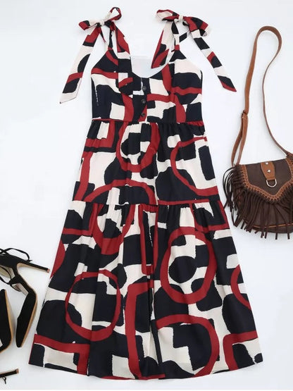 Tie Shoulder Printed Sleeveless Sundress