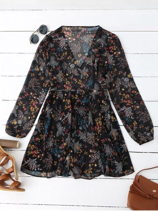 Semi Sheer Floral Print Chiffon Dress