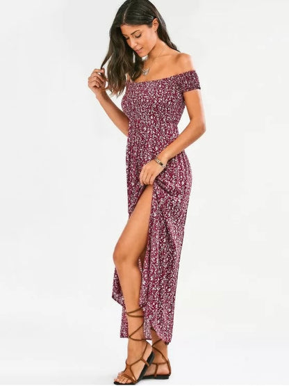 The Flowered Off Shoulder Tiny Slit Dress