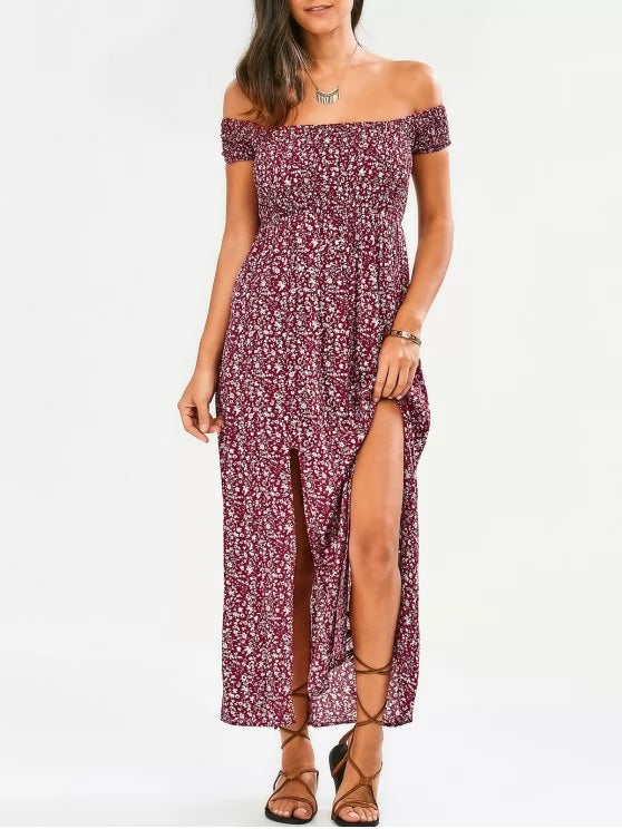 The Flowered Off Shoulder Tiny Slit Dress