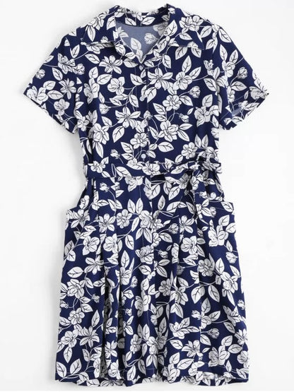 Belted Vintage Flowered Blouse Dress