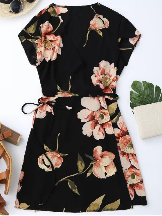 Wrap Arm Mini Flowered Cap Dress