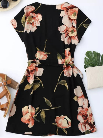 Wrap Arm Mini Flowered Cap Dress