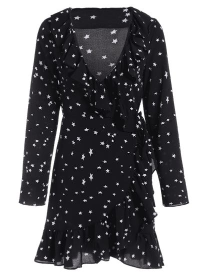 Star Print Ruffle Hem Plunge Wrap Dress