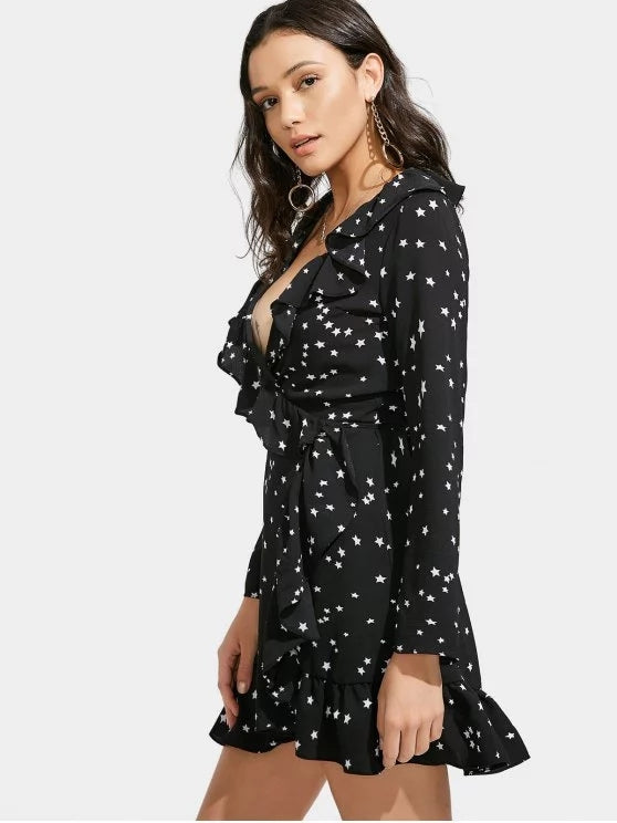 Star Print Ruffle Hem Plunge Wrap Dress